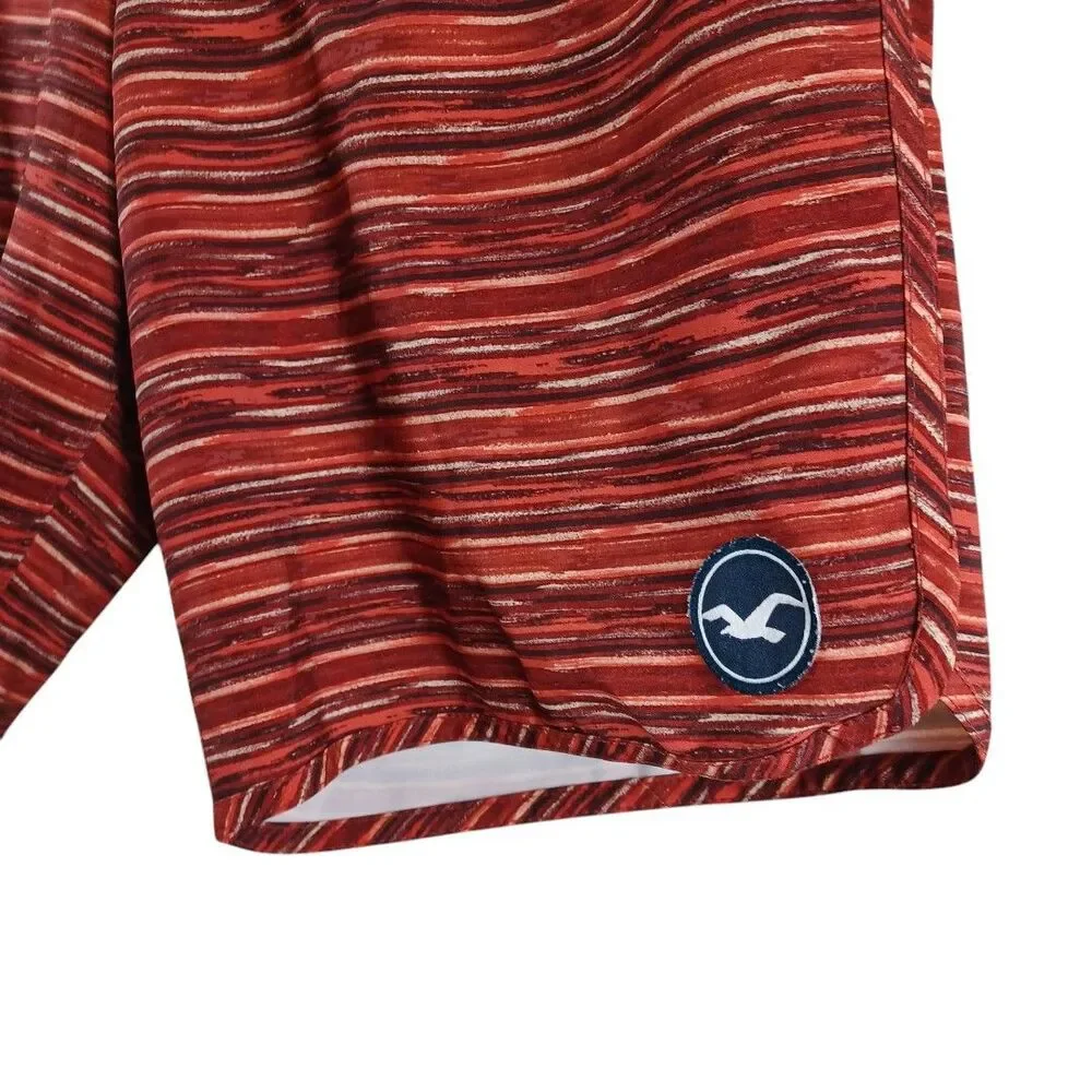 Hollister Men 34 Swim Trunks Board Shorts Red Stripe Drawstring Pocket Surfwear
